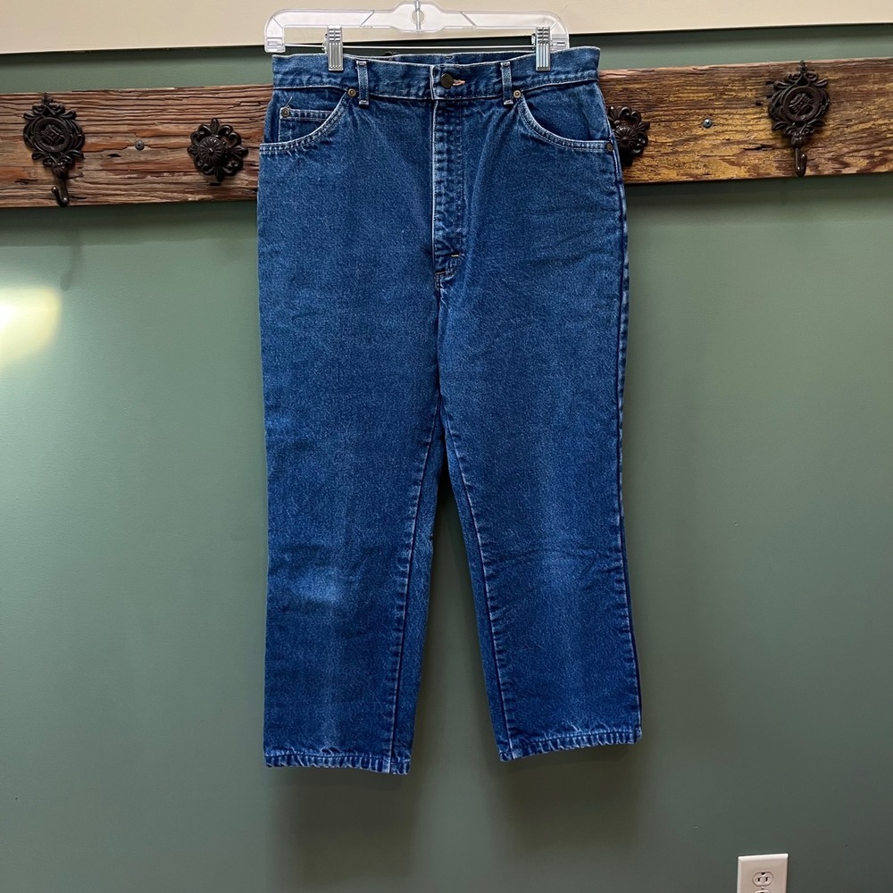 LL Bean Vintage Flannel Lined High Rise Straight Leg Blue Jeans Womens 14 USA